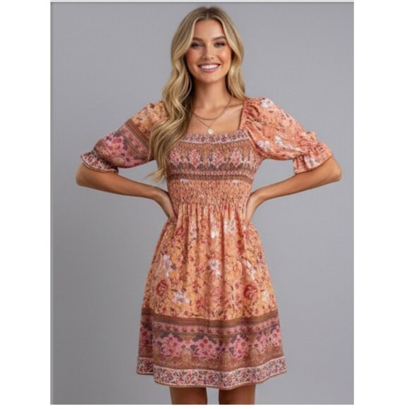 Boho Floral Print Ruffle Sleeve Dress - Picture 1 of 9